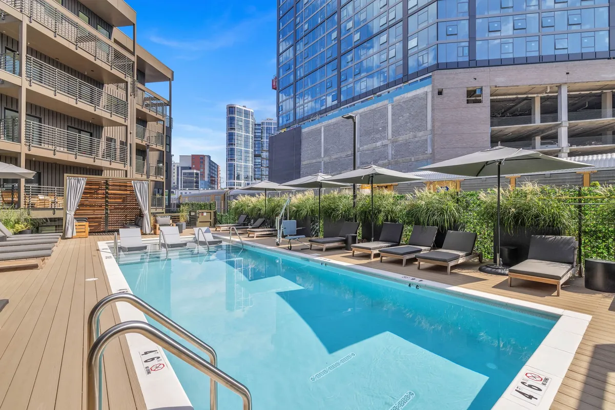 This image showcases a sparkling outdoor swimming pool surrounded by inviting lounge chairs, planters with ornamental grasses, and umbrellas for shade. The pool area is bathed in warm light, suggesting either a tranquil morning or a relaxing sunset, with guests socializing and enjoying the serene environment.